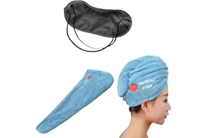 BEIIEB 1 Pieza Gorro de Secado de Cabello Azul de, Gorro de Ducha Absorbente, Turbante de Secado rápido con máscara de Ojos negra de 1 Pieza, Adecuado para Todos los Peinados, Hombres y Mujeres