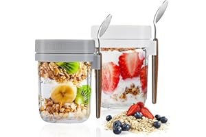 GMMG Overnight Oats Jar Bol, 2Pcs Muesli a Emporter, Réutilisable Boite Yaourt To Go, Bocaux D'avoine de Nuit avec Cuillère pour Lait Céréales Fruits (375 ml)