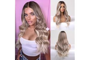 HAIRCUBE Parrucche Lunghe Bionde per le Donne, Ombre Ondulato Sintetico Capelli Ricci Parrucca con Radici Scure Middle Parting 26"