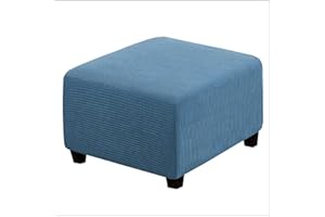 qiden Square Footstool Cover Stretch Ottoman Cover Plush, 10% Thicker Large Stretch Pouffe Cover Anti-Slip Foot Stool Jacquard Slipcovers With Elastic Bottom, Machine Washable-Dusty Blue-Large