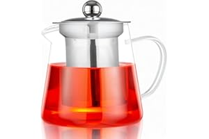 Spring Chef 450ML/15.83OZ Round Glass Teapot with Infuser, Heat-Resistant Borosilicate Glass Strainer Teapot, Removable Infuser Tea Pot Handmade