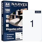 Narvex A4 Self-Adhesive Paper Labels Matte White Compatible with Laser and Inkjet Printers (100 Sheets, 1 Per Sheet)