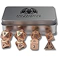 Grinning Gargoyle Solid Metal DnD Dice - 8x Polyhedral Dice Set with Metal Case - Copper Easy to Read D&D Dice - Includes 2x D20 Dice - Dungeons and Dragons RPG Games - D and D Dice (Brass)