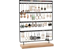 QILICZ Porte-bijoux, à 100 trous, organisateur de boucles d'oreilles, en métal, à 5 niveaux avec base en bois, 35 x 27 cm, pour le rangement