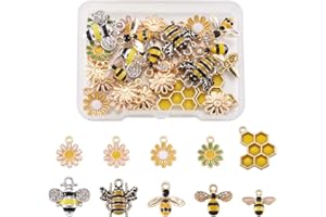 Craftdady Lot de 28 pendentifs en émail jaune - Abeille, marguerite, nid d'abeille - pour fabrication de bijoux, trou : 1,2 à 2 mm