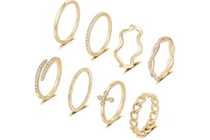 FUNEIA 8 Stück Ringe Damen Gold Silber Rosegold 14 Karat Vergoldet Ring Set Gold Fingerringe Stapelringe Knöchelring Frauen CZ Dünn Verlobungsring Goldene Ringe Wasserfest Modeschmuck