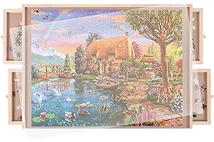 Ruication Jigsaw Puzzle Board Wooden Jigsaw Board Smooth Fiberboard Work Surface Puzzle Plate for 1000 pieces 4 Sliding Drawers Storage System For Adults Kids Children Boy Girl Gift