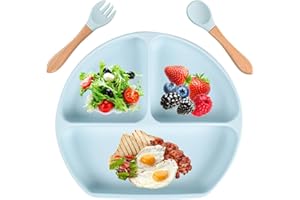 Aulese Baby Teller, Silikon Kinderteller mit Saugnapf, Rutschfester Kindergeschirr für Kleinkinder mit Löffel und Gabel, BPA-Frei - Spülmaschinen und Mikrowellen Sicher (Blau)…