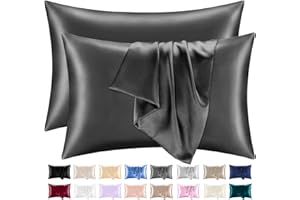 LAZZARO HOME FEEL THE DIFFERENCE Lazzaro Satin Silk Pillowcases for Hair and Skin - Hypoallergenic Pillow Cases 2 Pack with Envelope Closure - Ultrasoft Standard Size Charcoal Silk Pillowcases (50 x 75 cm)