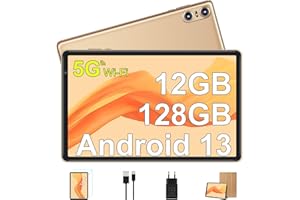 SEBBE Tablet 10 Pulgadas Android 13 Tablet PC 12GB RAM + 128GB ROM （TF 1TB ） Octa-Core 2.0 GHz, | Bluetooth 5.0 | 5G WiFi | 1280 * 800 Pixels | 6000mAh | 5MP+8MP, Tablet con Funda Oro