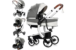 Reenborn Cuir PU Poussette 3 en 1, Poussette Bebe avec Réversible Deux Façons de Pousser, Pousette avec Cadre Aluminium Haute Paysage, Pousette 3 en 1 avec Conception Pliable en Un Clic (518 Grey)
