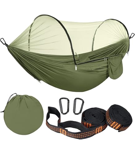 Hamac avec filet anti-moustiquaire, 260 x 140 cm, charge maximale de 300 lb, ultra léger et robuste, hamac portable double nylon - Jardin Hamac avec filet anti-moustiquaire, 260 x 140 cm, charge maximale de 300 lb, ultra léger et robuste, hamac portable double nylon - Jardin