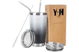 YJH Y·JH 20oz (550ml) Taza Termo Cafe Para Llevar - Vaso Con Pajita - Taza Térmica de Acero Inoxidable Reusable - 2 Tapas a Prueba de Salpicaduras Pajitas - Blanco&Negro