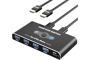 HXWLO KVM Switch, 4K@60Hz HDMI Switch With 4 USB 3.0 Data Ports, KVM Switches 2 PC 1 Monitor Share Mouse, Keyboard, Printer, One-Button Swapping, USB-A 3.0 Selector with 2 USB Cables and 2 HDMI Cable