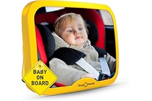 Royal Rascals Baby Car Mirror for Back Seat - Shatterproof Car Rear View Mirror w/360° Rotation, Adjustable Straps & Strong Mount, Essentials for Newborn Safety + Baby on Board Sign, Safety Yellow