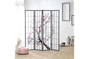 ‎HOMESTYLE4U Homestyle4u Paravent Raumteiler 4 teilig Innen Holz Schwarz Reispapier Weiß Kirschblüten Motiv Sichtschutz