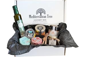 MEDITERRANEAN TREE Caja Gourmet + Pates ibérico Pedro Jiménez + de trufas+ Pate de perdiz + Mermelada frutos rojos y de melocotón con piña + Miel de Flores + Aceite Aove + Regalo palo agitador miel y cuchara de madera