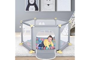 HADWIN Light Grey 6-Panel Baby Playpen with Breathable Mesh and 30 Play Balls - Indoor/Outdoor Portable Kids Activity Centre for Toddlers