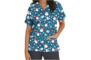 Keepink Scrubs Tops for Women UK Christmas Nurse Shirts Funny Xmas Santa Claus Print Jumpers Loose Tunic Short Sleeve Uniform Top V Neck Dressy Shirt Pockets Practical Caregiver Workwear