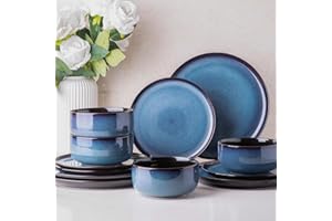 LeRatio Dinner Set for 4, 12 Piece Stoneware Plates and Bowls Set, Chip & Scratch Resistant Reactive Glazed Dinnerware Set, Dishwasher & Microwave Safe Crockery Set (Space Blue, Service for 4)