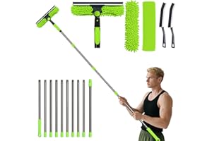 Orifesio 4.3M Long Reach Window Cleaning Kit, Window Cleaning Equipment with 10 Extension Pole, 2 Crevice Brush & 3 Microfiber Cloth, Extendable Window Cleaner Pole for High Window Car Glass, Green