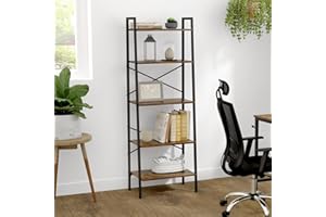 Oak & Tea Ladder Shelf, 5-Tier Industrial Ladder Bookcase, Ladder Bookshelf Bookcase for Living Room, Office, Rustic Brown and Black, 56x32x172cm