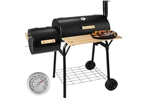 tectake® Barbecue a Carbonella con Carrello, BBQ Grill Multifunzione con Coperchio, Termometro Integrato, Aria Regolabile, Piano di Appoggio, Comoda Maniglia - Nero