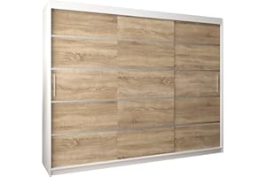 ‎MEBLE KRYSPOL MEBLE KRYSPOL Schwebetürenschrank Verona 1 250 cm Kleiderschrank mit Kleiderstange und Einlegeboden Schlafzimmer- Wohnzimmerschrank Schiebetüren Modern Design (Schubladen: 0, Weiß + Sonoma)