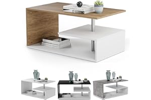 ‎MIADOMODO MIADOMODO® Couchtisch-90x50 cm, mit Stauraum, Modern, Eckig, Asymmetrisch, Leicht, Lang, Niedrig, Weiß mit Betonoptik/Eichenoptik/Grau - Wohnzimmertisch, Kaffeetisch (Weiß-Eicheimitat)