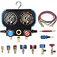 KAISAL 3 Way Manifold Gauge Set for R1234YF R404A R12 Refrigerant Dual Dial Manifold Gauge Automotive AC Gauge Set with 3PCS 5FT Hoses AC Recharge Kit with 1234YF Quick Coupler Can Tap