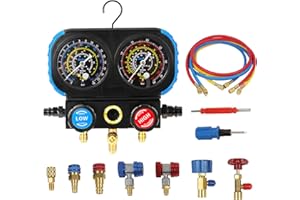 KAISAL 3 Way Manifold Gauge Set for R1234YF R404A R12 Refrigerant Dual Dial Manifold Gauge Automotive AC Gauge Set with 3PCS 5FT Hoses AC Recharge Kit with 1234YF Quick Coupler Can Tap
