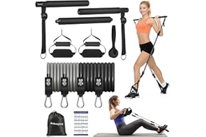 ALongSong Barra per Pilates, Barra di Elastici Fitness con 4/6 Elastico Fitness in Lattice Naturale 50-360 o 30-240 o 30-140 o 20-180Lbs e Video di Esercizi, Pilates Bar per Fitness a Casa