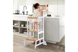 COSYLAND Height Adjustable Step Stool for Kids – Solid Bamboo Stool for Kitchen Counter, Compact & Sturdy (Wood & White)