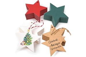 Alintor 100stk. Stern Geschenkanhänger Weihnachten, Weihnachtsanhänger mit 20m Schnur, Perfekt für Likörflaschen, Stempel, Marmeladendeckchen, Geschenktüten, Geschenkband (Rot/Grün/Braun/Weiß)