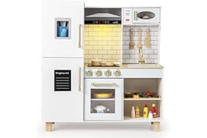 COSTWAY Kids Play Kitchen, Wooden Pretend Toy Kitchen with Realistic Lights & Sounds, Range Hood, Chalkboard, Sink, Faucet, Children's Chef Role Play Set for Boys Girls (White)