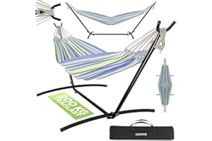 ‎GARMIO GARMIO® Hängematte gestreift blau-grün, 270 x 110 cm, klappbar mit Stahlgestell, 200 kg Tragkraft, inkl. Tragetasche & Zubehör für Garten oder Balkon