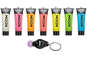 Moon Glow 12ml Glow in the Dark Face & Body Paint - Set of 7 – Phosphorescent - Charge to Glow - UV Keyring included