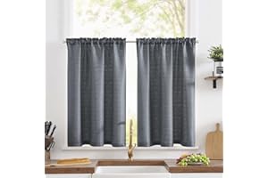 TOPICK Zazdrostka o wyglądzie lnu, firanka bistro, uniwersalna, krótka, kuchenna, żakardowa, filtrowanie światła, parowa, do salonu, domu wiejskiego, na małe okna, 90 x 60 cm, szara, zestaw 2 sztuk