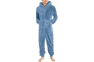 Qmfvqi Herren Jumpsuit Kuschelig Lustig Lang Pyjama Winter Warm Plüsch Overall Schlafoverall Reißverschluss Teddy Fleece Einteiler Onesie Schlafanzug mit Seitentaschen Weich Loungewear