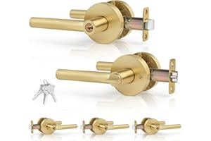 Gaurqiah 5 Pack Brushed Gold Door Handles Interior（Keyed Alike）， Keyed Entry Gold Door Handles with Lock and Same Key, Heavy Duty Round Door Levers for Bedroom、Bathroom Satin Brass