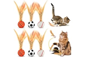 BERTIFIVE 6pcs Cat Bouncy Ball With Feather, Interactive Feather Ball Toy for Indoor Cats, Bouncy Tails Toys, Kitten Teething Toys Stimulate Cats' Hunting Instincts for Cat Gift (Basketball Soccer Baseball)