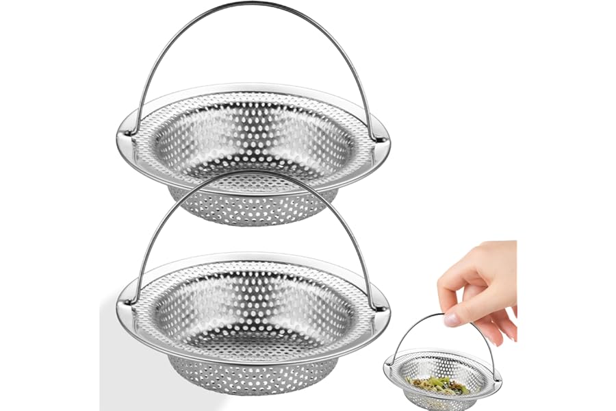 2Pcs Kitchen Sink Strainer Effectively Collects All Waste Stainless Steel Sink Strainer with Handle Prevents Clogging Drain Strainer Sink Food Catcher Basket Reusable