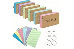 OJUSSA Flash Cards 300 PCS Revision Cards 5 * 3 Inch Kraft Paper Notecards with 6 Metal Binder Ring Multicolor Double Sided Flshcards for Office Home School Learning Record
