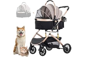 LPOTIUS Haustier Kinderwagen Faltbar, 3 in 1 Hundewagen mit Abnehmbarer Reisesitz Hundebuggy Hundebox Transporttasche Klappbar, Haustiere Buggy Geeignet für kleine Hunde und Katzen unter20 kg(Champag)
