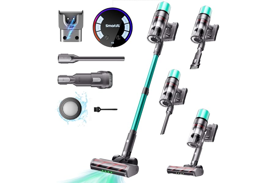 SmartAI V5 Wireless Vacuum Cleaner, 55Kpa/600W/80Mins Self Standing Electric Broom with Automatic Mode, Anti-Winding Vacuum Cleaner for Floors/Carpets/Animal Hair