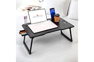 DIVIJA STORE Wood Smart Multipurpose Foldable Laptop Table with Cup Holder, Study Table, Bed Table, Breakfast Table, Foldable and Portable/Ergonomic & Rounded Edges/Non-Slip Legs (Black), 59 cm, 8 cm