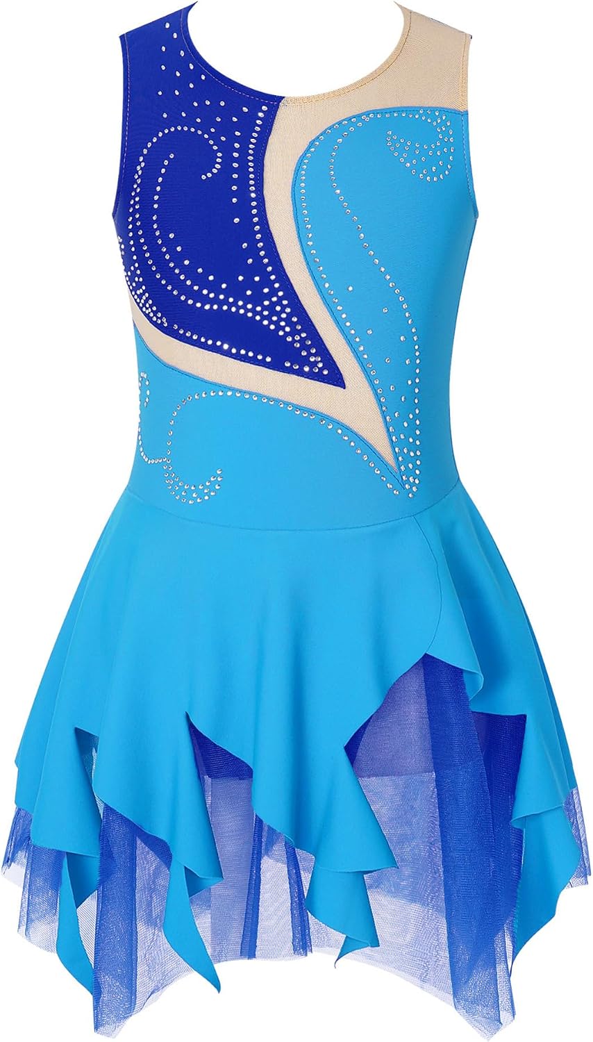 IEFIEL Vestido de Patinaje Artístico para Niña Maillot Ballet con Falda Malla de Gimnasia Rítmica sin Mangas con Lentejuelas Brillantes Vestido de Danza Lírica