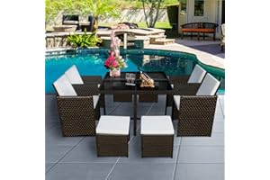 Panana 8 Seater Rattan Garden Furniture Set Dining Table and Chairs Stools Set Outdoor Patio and Conservatory Brown