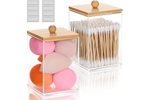 WACAR Qtip,Dispensador de soporte para boticario, tarros de boticario con tapas, soporte de bola de algodón acrílico, almohadillas redondas de algodón, hilo dental (paquete de 2 soportes cuadrados)