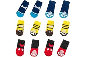 NO Miystn Calcetines Antideslizantes para Perros, Calcetines para Perros, Protector Patas Perro, Ajuste para Perros Extra Pequeños a Grandes (12 Piezas, Rojo, Amarillo y Azul)